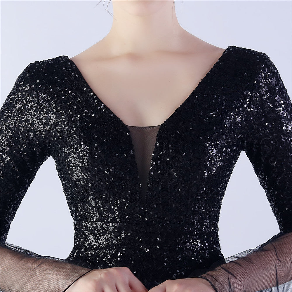 V-Neck Bell Sleeve Sequin Tulle Mermaid Evening Gown | Oyese