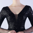 V-Neck Bell Sleeve Sequin Tulle Mermaid Evening Gown | Oyese
