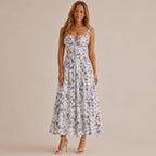 Square Neck Tie Front A-Line Midi Dress – Floral & Solid Summer Dress | Oyese