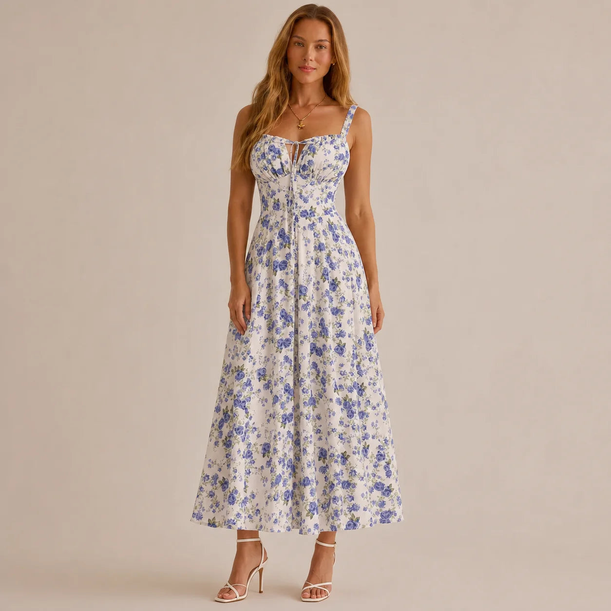 Square Neck Tie Front A-Line Midi Dress – Floral & Solid Summer Dress | Oyese