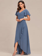 Double V-Neck Flutter Sleeve Flowy Slit Maxi Gown | Oyese