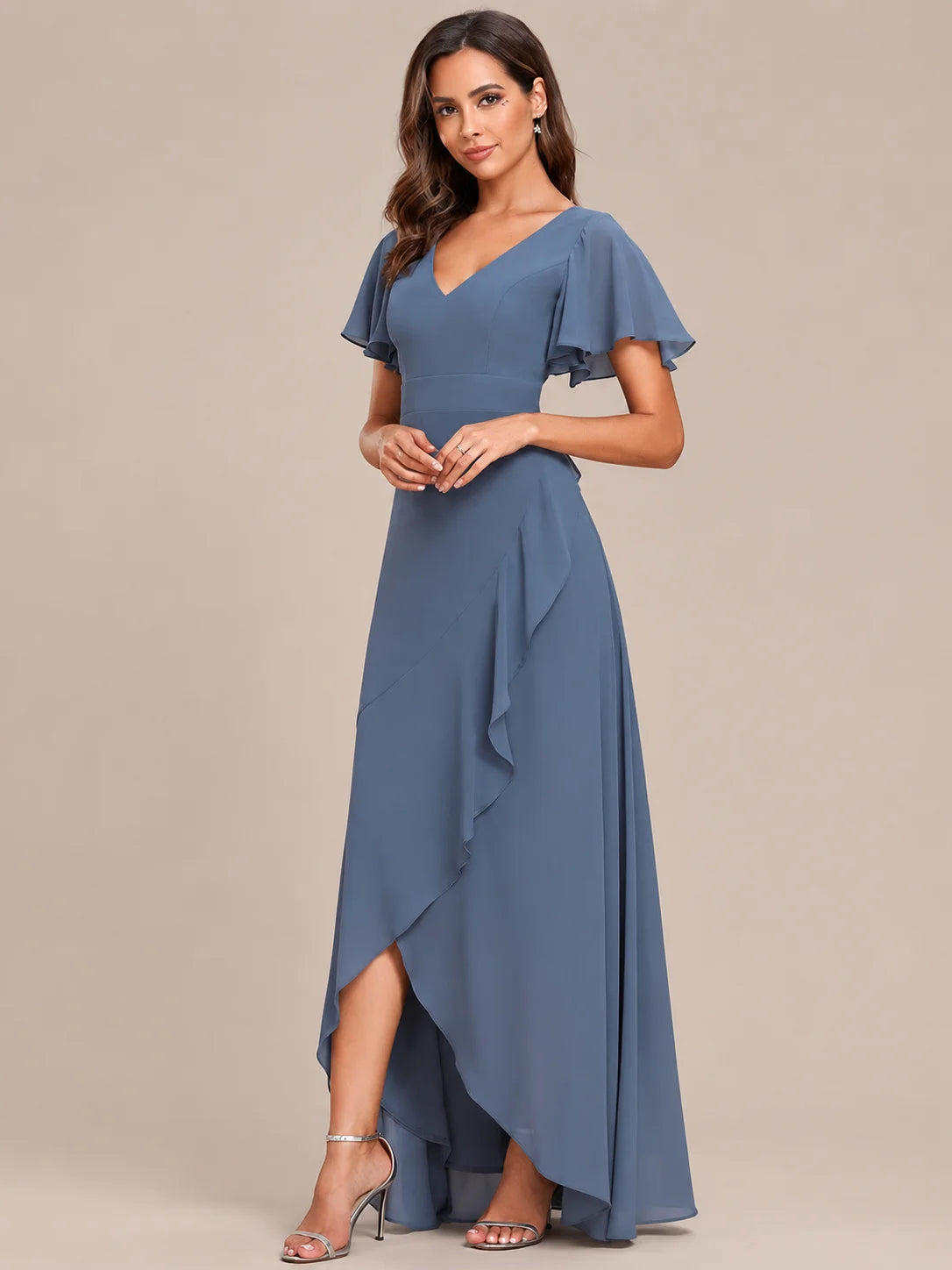 Double V-Neck Flutter Sleeve Flowy Slit Maxi Gown | Oyese
