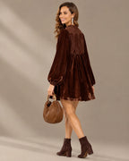 Velvet Lace Yoke Long Puff Sleeve Babydoll Mini Dress | Oyese