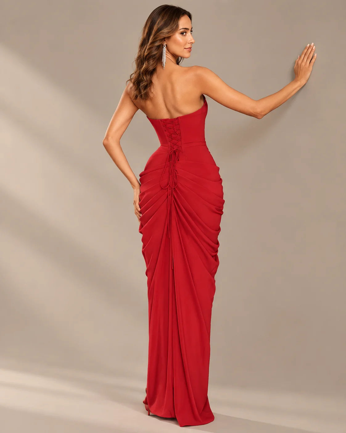 Strapless Ruched Mermaid Gown – High Slit Fitted Formal Evening Dress | Oyese