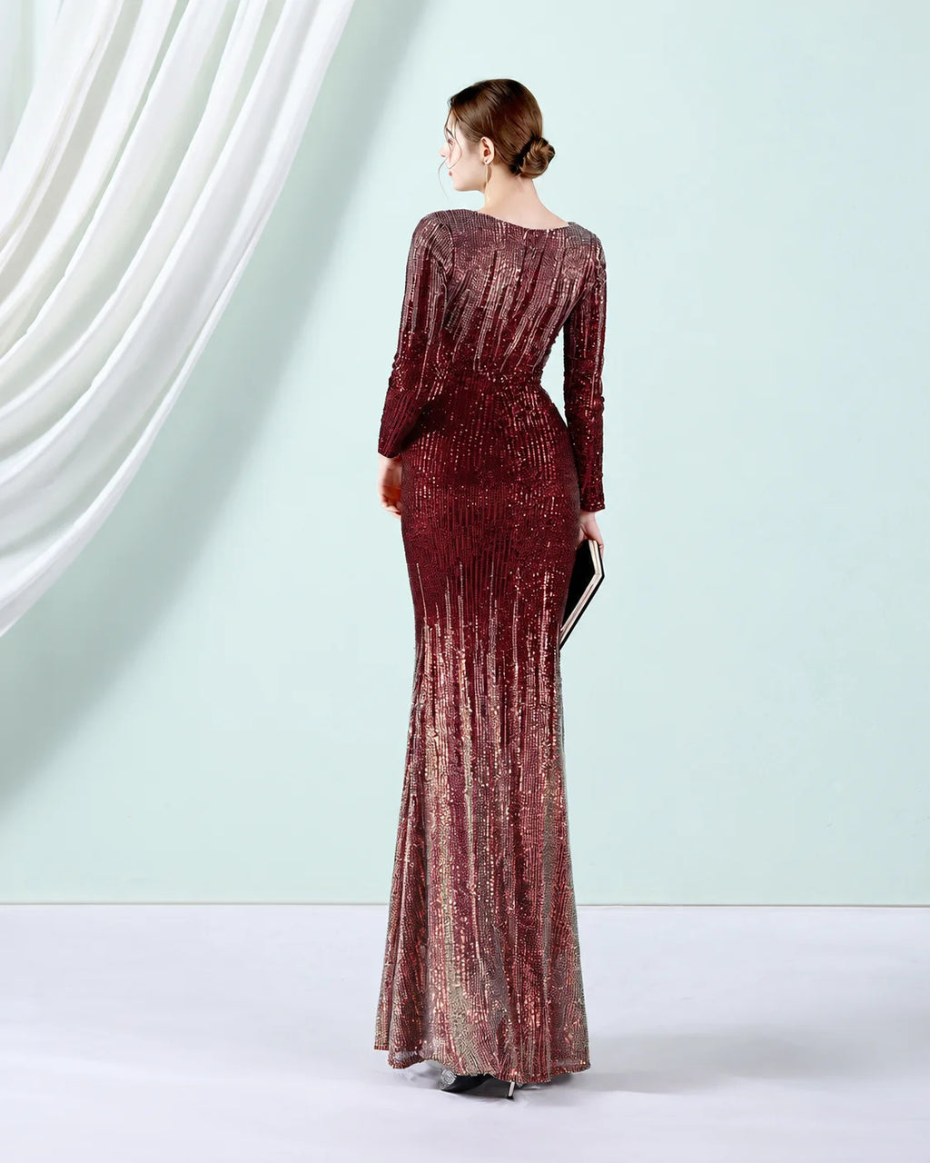 Deep V Long Sleeve Ombre Sequin Mermaid Evening Gown | Oyese