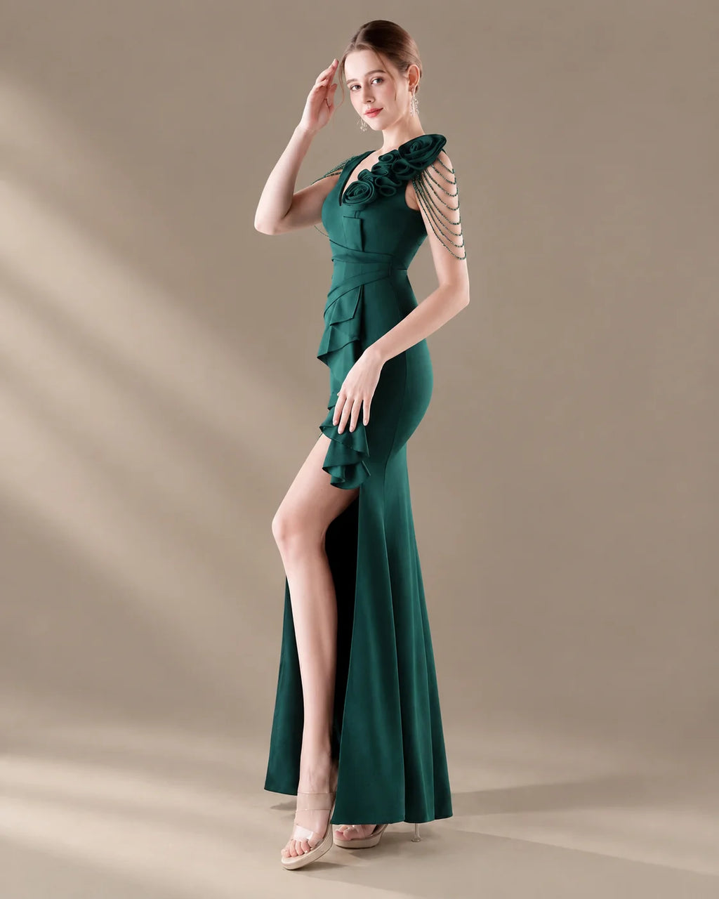V-Neck 3D Floral Shoulder Beaded Mermaid Evening Gown | Oyese