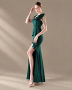 V-Neck 3D Floral Shoulder Beaded Mermaid Evening Gown | Oyese