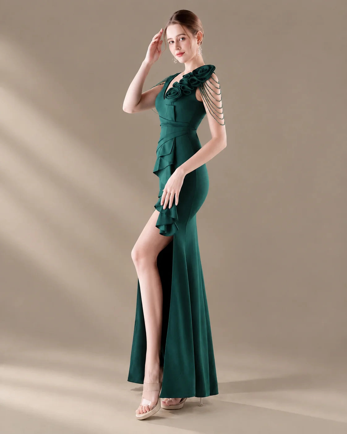 V-Neck 3D Floral Shoulder Beaded Mermaid Evening Gown | Oyese