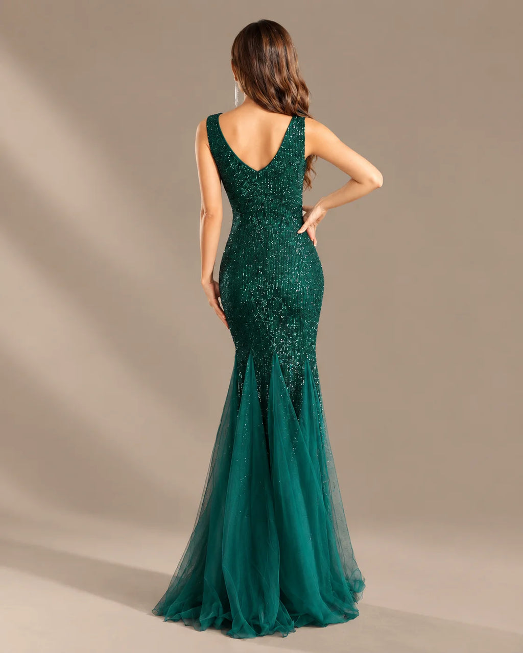 Deep V-Neck Beaded Tulle Mermaid Evening Gown | Oyese