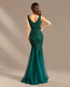 Deep V-Neck Beaded Tulle Mermaid Evening Gown | Oyese