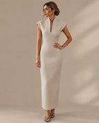 Funnel Neck Power Shoulder Sheath Midi Dress | Oyese