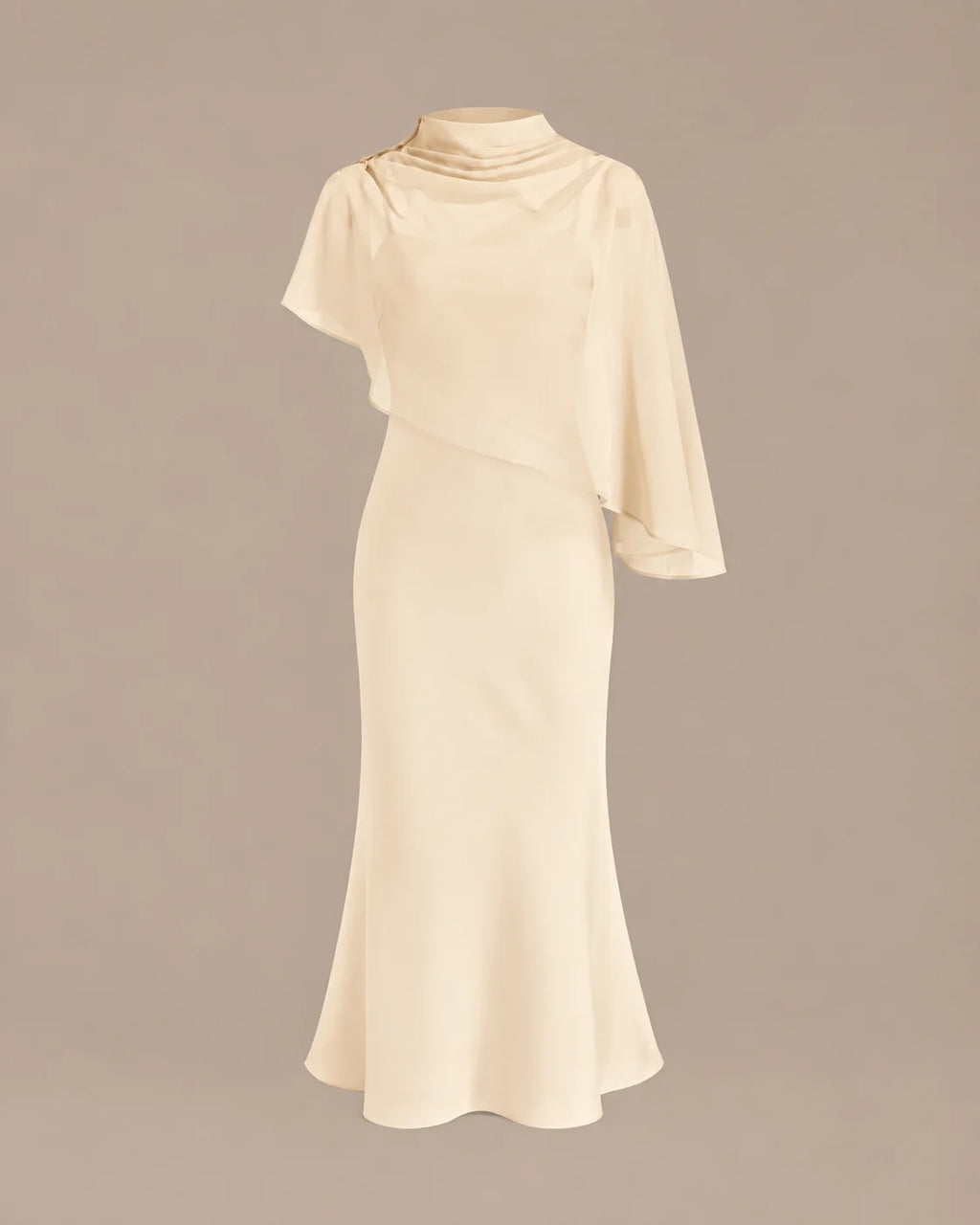 Chiffon Cape Mock Neck Satin Midi Dress – Elegant Cocktail Wedding Guest Dress | Oyese