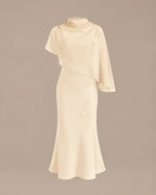 Chiffon Cape Mock Neck Satin Midi Dress – Elegant Cocktail Wedding Guest Dress | Oyese