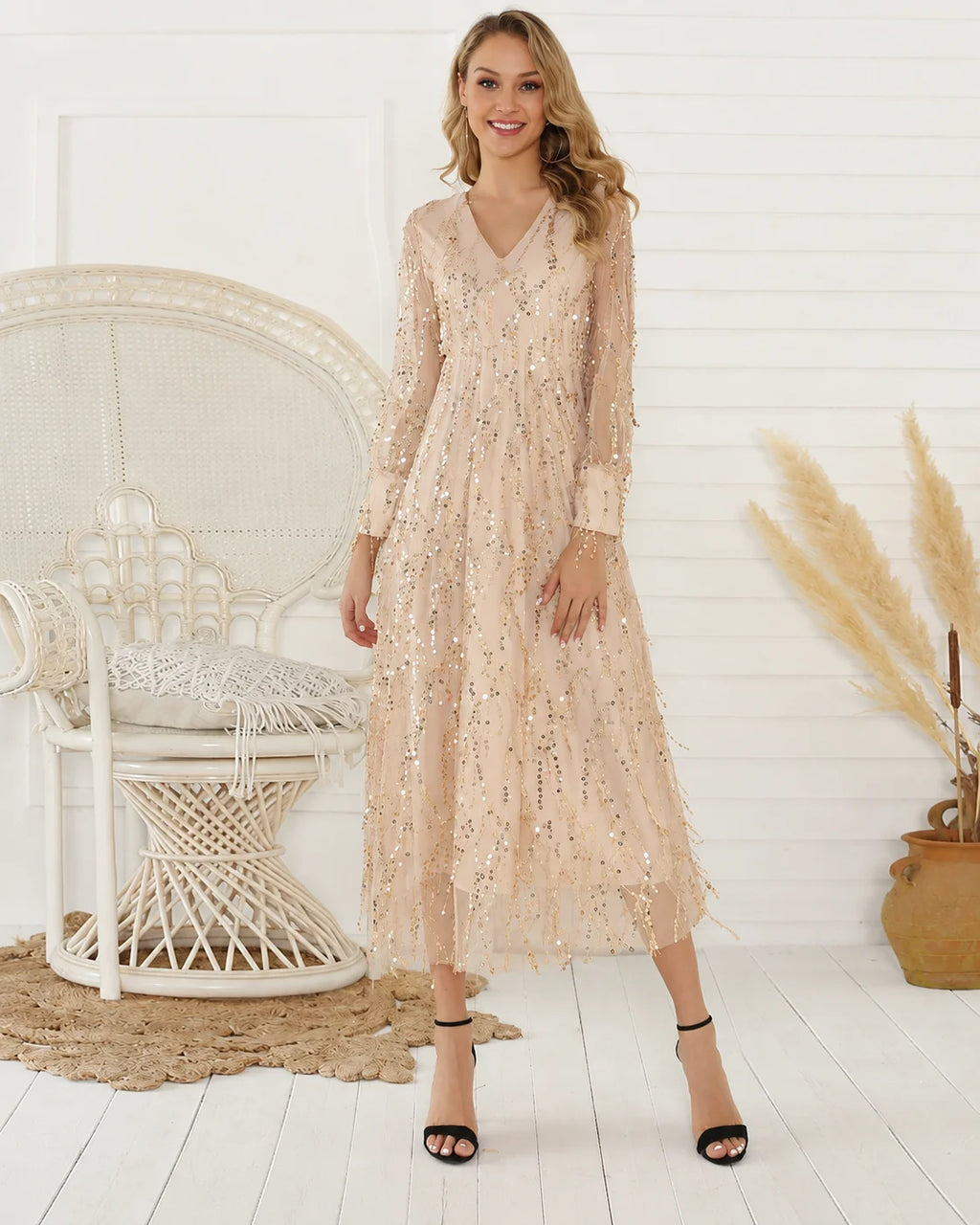 V-Neck Long Sleeve Sequin Fringe Mesh Midi Dress | Oyese