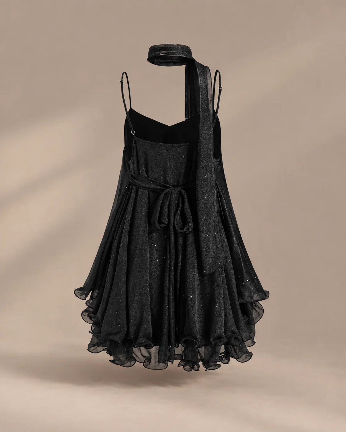 Chiffon Cami Mini Dress with Neck Scarf – Loose Ruffle Hem Party Dress | Oyese