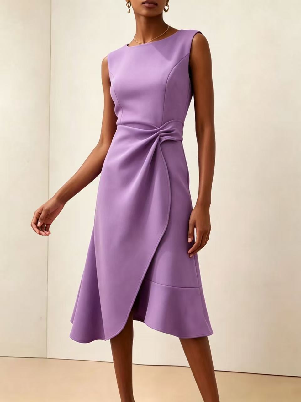 Twisted Knot Waist Midi Dress – Sleeveless Round Neck Office Dress | Oyese