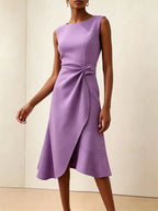 Twisted Knot Waist Midi Dress – Sleeveless Round Neck Office Dress | Oyese
