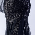 V-Neck Bell Sleeve Sequin Tulle Mermaid Evening Gown | Oyese