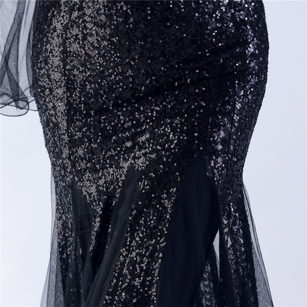 V-Neck Bell Sleeve Sequin Tulle Mermaid Evening Gown | Oyese