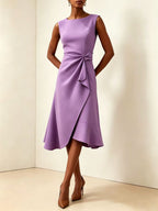Twisted Knot Waist Midi Dress – Sleeveless Round Neck Office Dress | Oyese