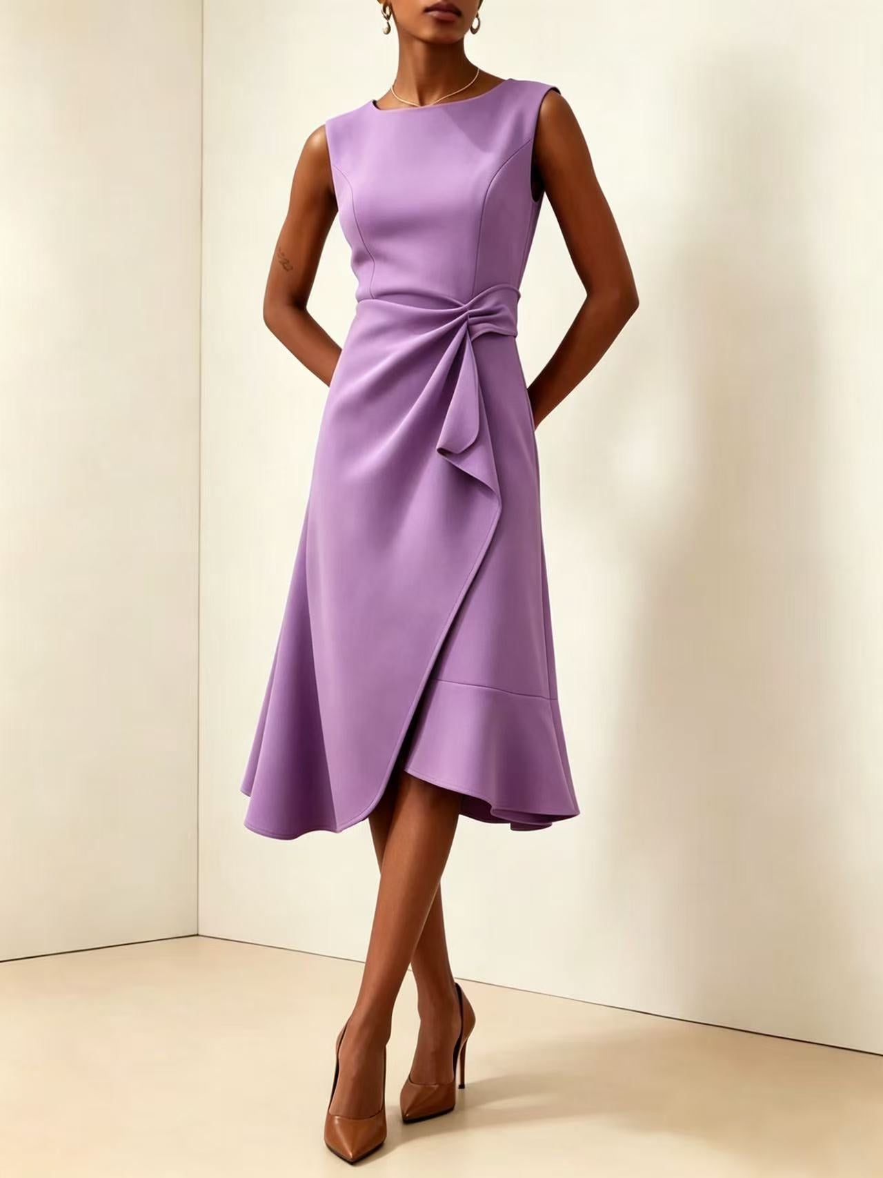Twisted Knot Waist Midi Dress – Sleeveless Round Neck Office Dress | Oyese