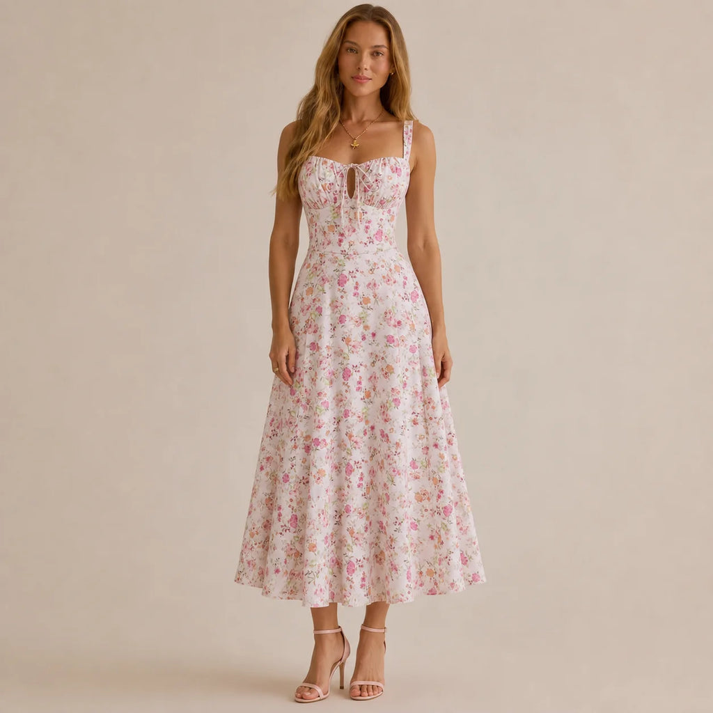 Square Neck Tie Front A-Line Midi Dress – Floral & Solid Summer Dress | Oyese