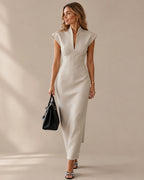 Funnel Neck Power Shoulder Sheath Midi Dress | Oyese