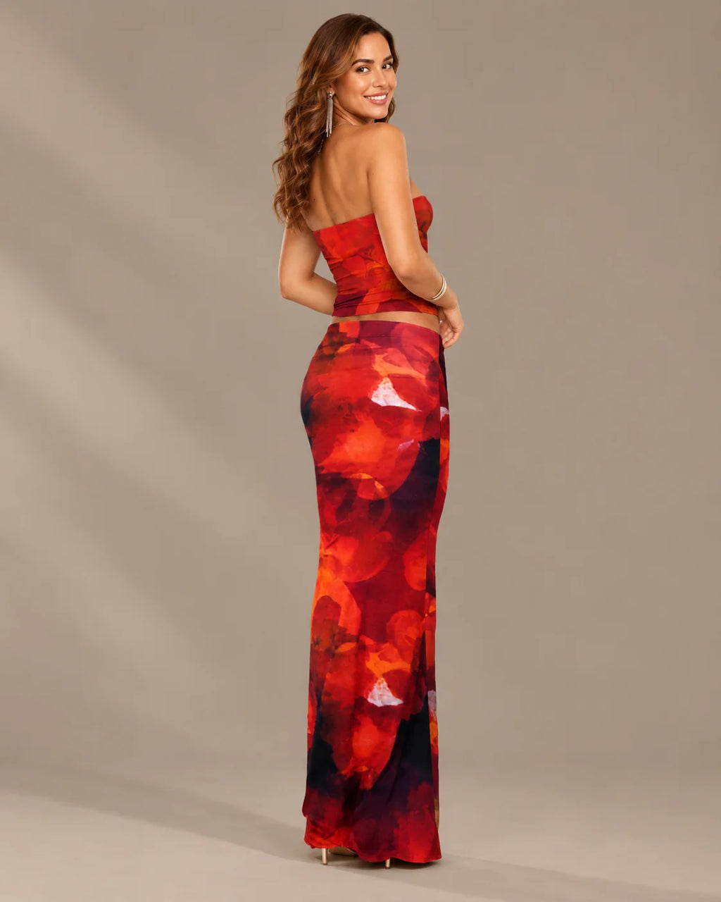 Watercolor Floral Strapless Top and Maxi Skirt Two Piece Set | Oyese