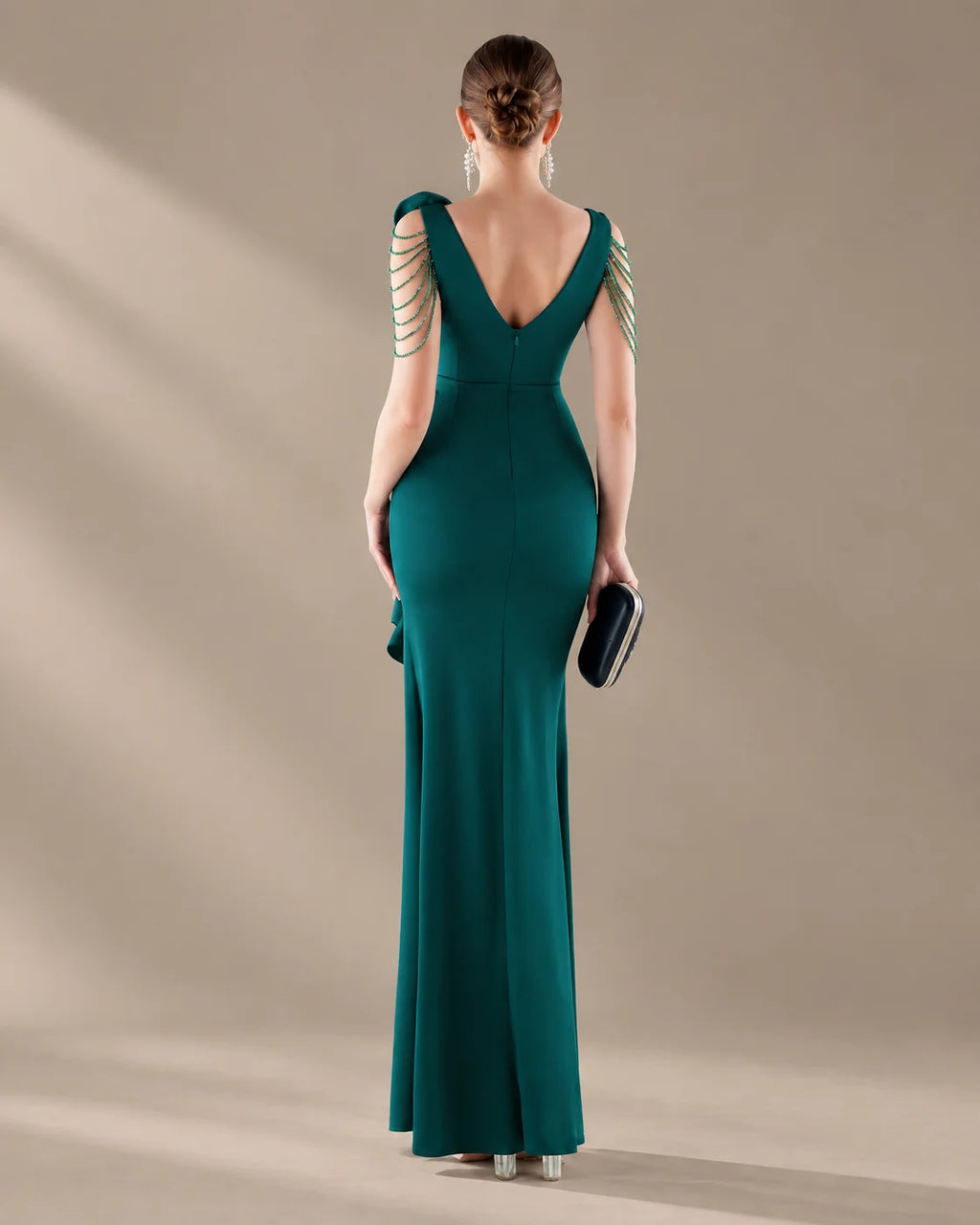 V-Neck 3D Floral Shoulder Beaded Mermaid Evening Gown | Oyese