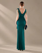 V-Neck 3D Floral Shoulder Beaded Mermaid Evening Gown | Oyese