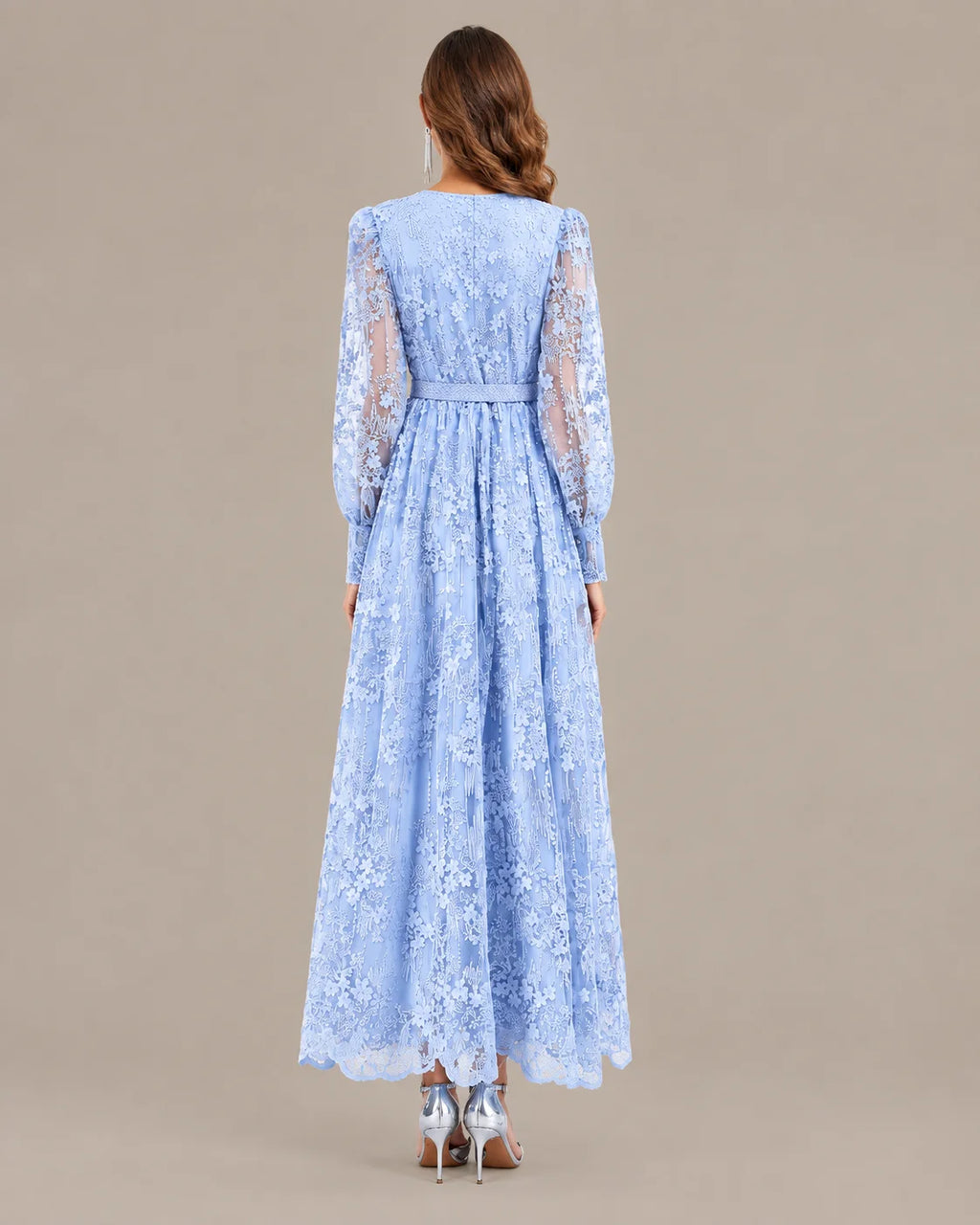 V-Neck Lace Lantern Sleeve Tasseled Belt Midi Dress | Oyese