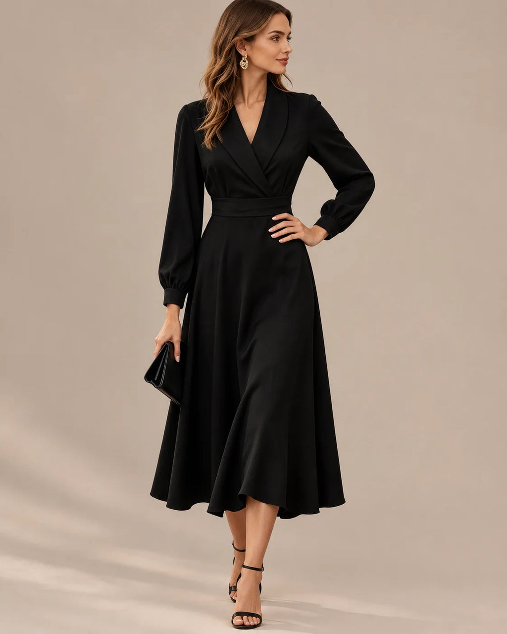 Shawl Collar Wrap Front Long Sleeve Flared Midi Dress | Oyese