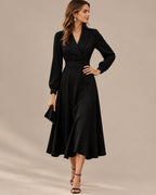 Shawl Collar Wrap Front Long Sleeve Flared Midi Dress | Oyese