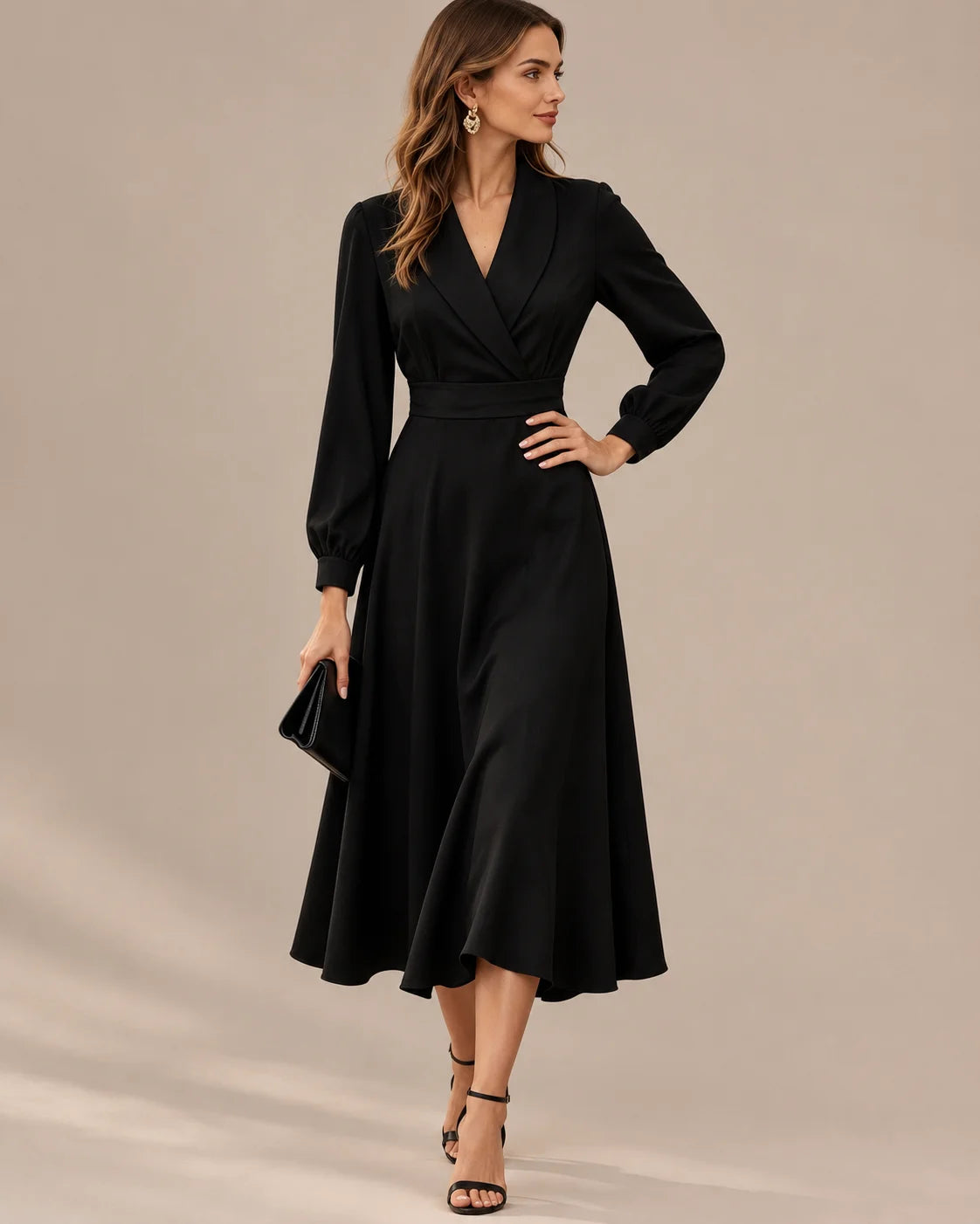 Shawl Collar Wrap Front Long Sleeve Flared Midi Dress | Oyese