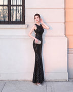 Art Deco Sequin Mermaid Evening Gown - Round Neck | Oyese