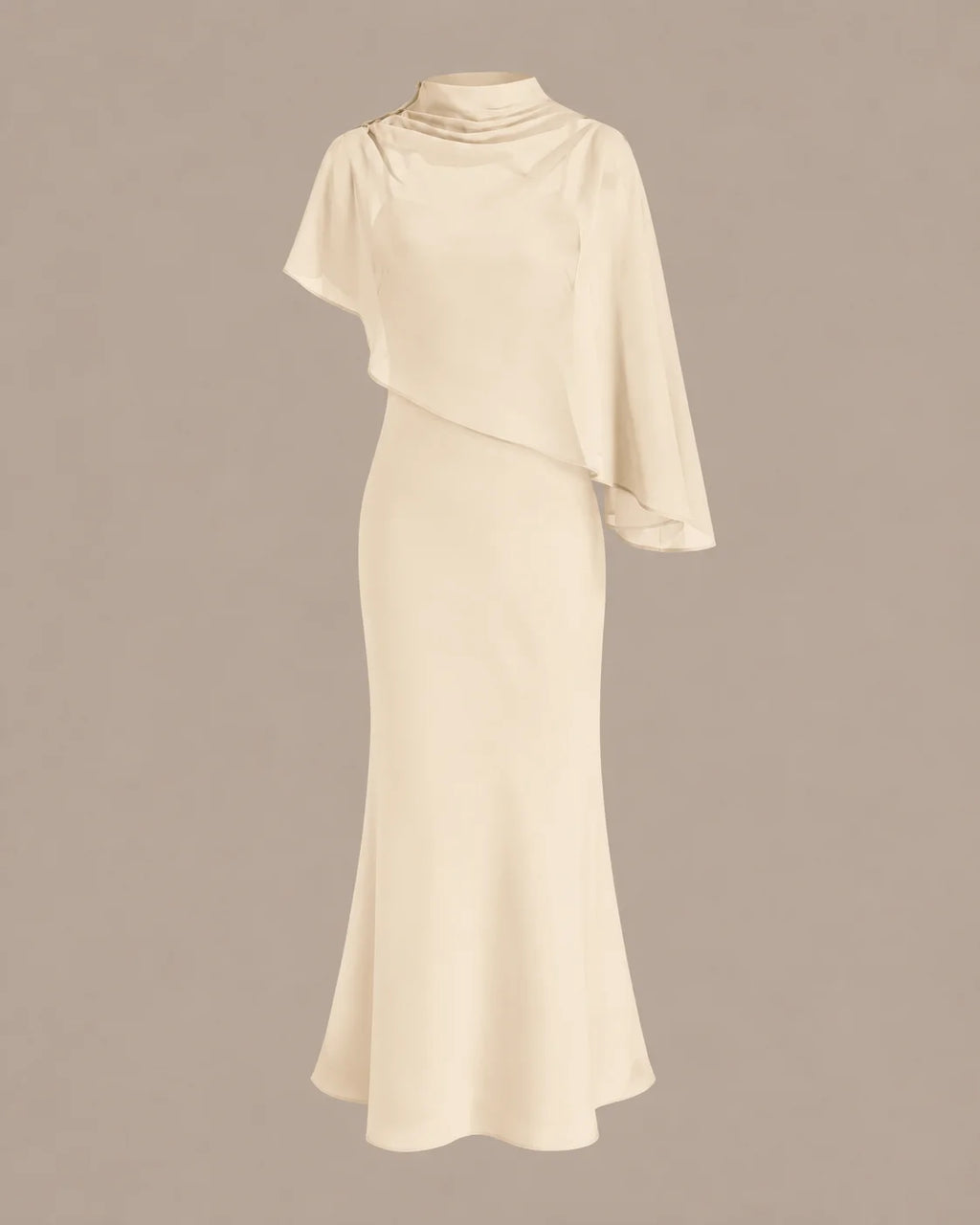 Chiffon Cape Mock Neck Satin Midi Dress – Elegant Cocktail Wedding Guest Dress | Oyese