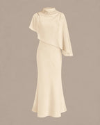 Chiffon Cape Mock Neck Satin Midi Dress – Elegant Cocktail Wedding Guest Dress | Oyese