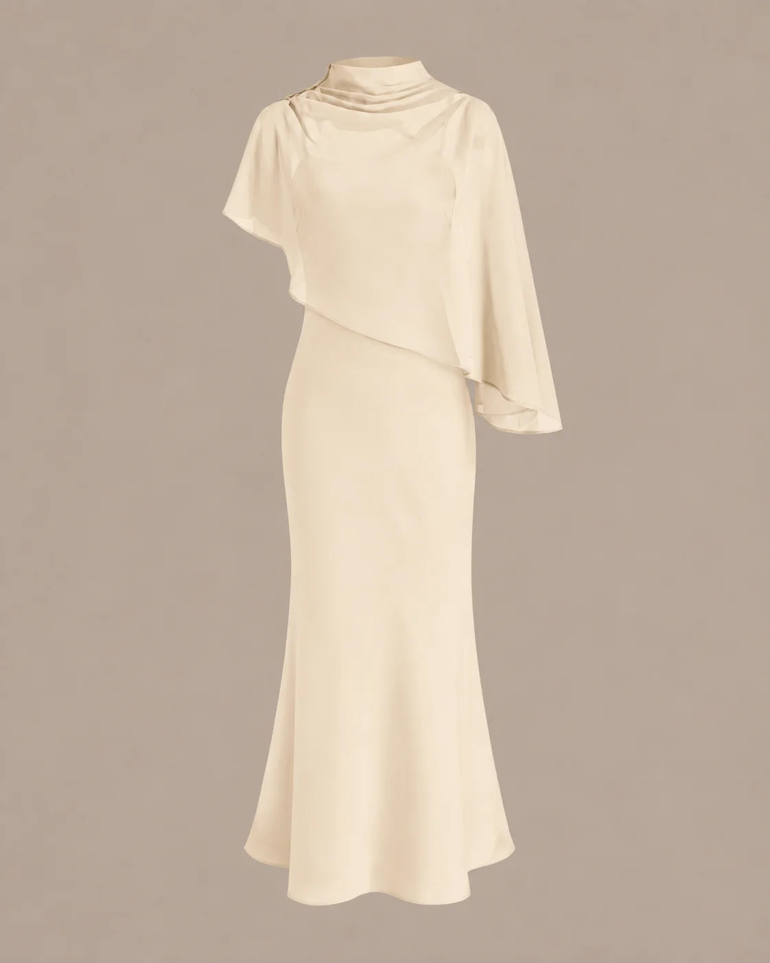 Chiffon Cape Mock Neck Satin Midi Dress – Elegant Cocktail Wedding Guest Dress | Oyese