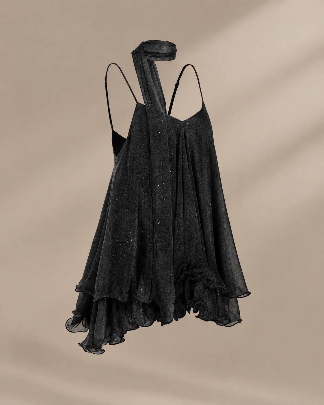 Chiffon Cami Mini Dress with Neck Scarf – Loose Ruffle Hem Party Dress | Oyese