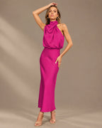 Halter Cowl Neck Draped Satin Midi Dress | Oyese