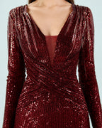 Deep V Long Sleeve Ombre Sequin Mermaid Evening Gown | Oyese