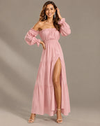 Boho Off-Shoulder Long Sleeve Tiered Maxi Dress with Side Slit | Oyese