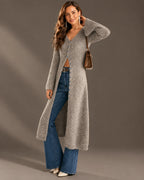 V-Neck Button Front Longline Ribbed Knit Cardigan | Oyese