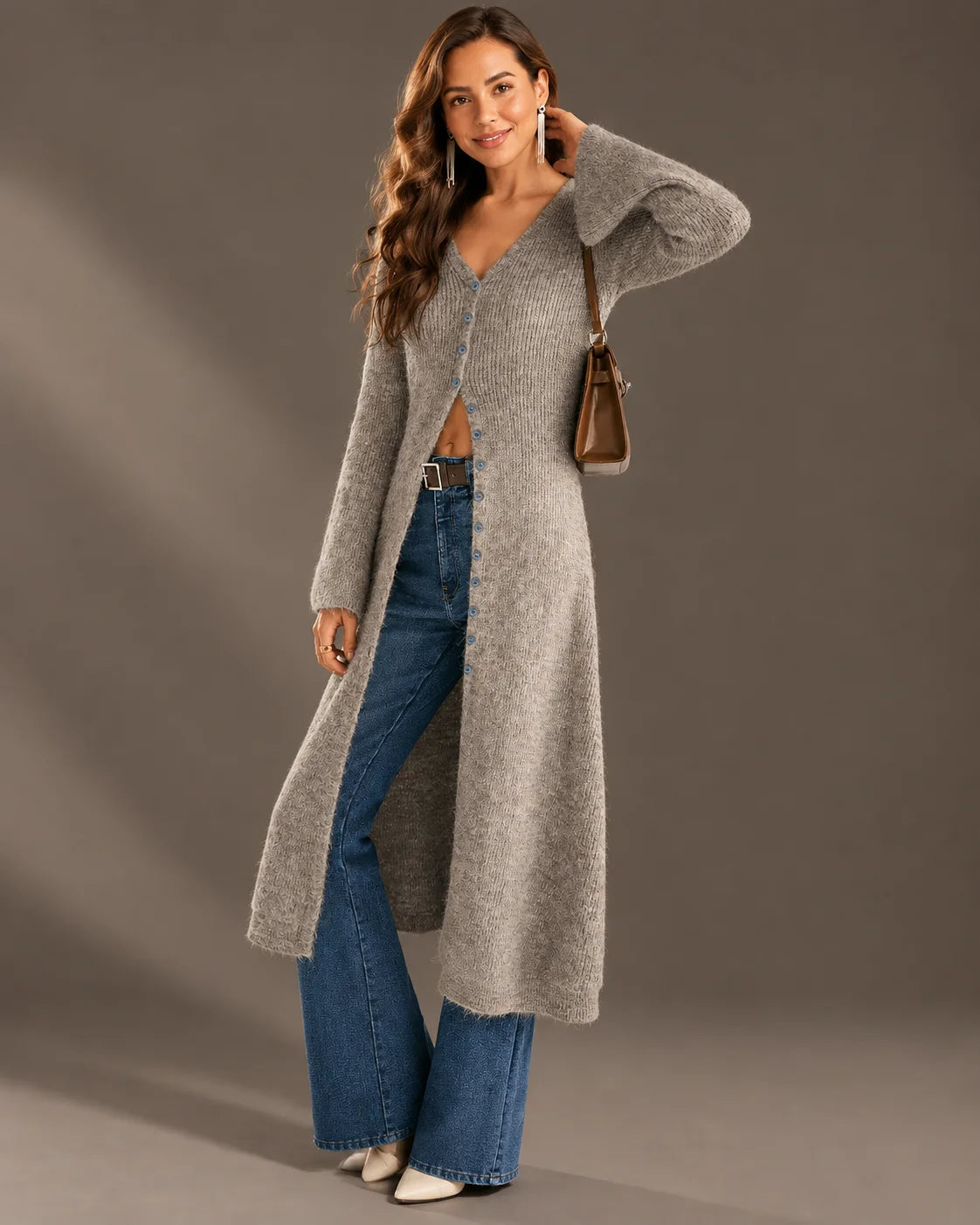 V-Neck Button Front Longline Ribbed Knit Cardigan | Oyese
