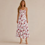 Square Neck Tie Front A-Line Midi Dress – Floral & Solid Summer Dress | Oyese