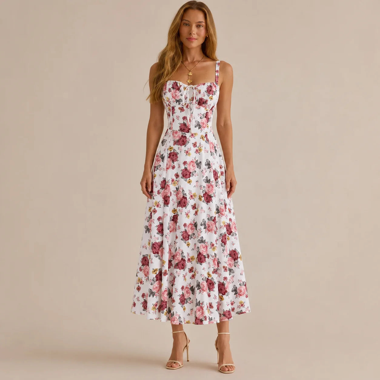 Square Neck Tie Front A-Line Midi Dress – Floral & Solid Summer Dress | Oyese