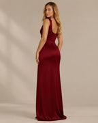 Satin Cowl Neck Ruched Maxi Dress – High Slit Evening Gown | Oyese