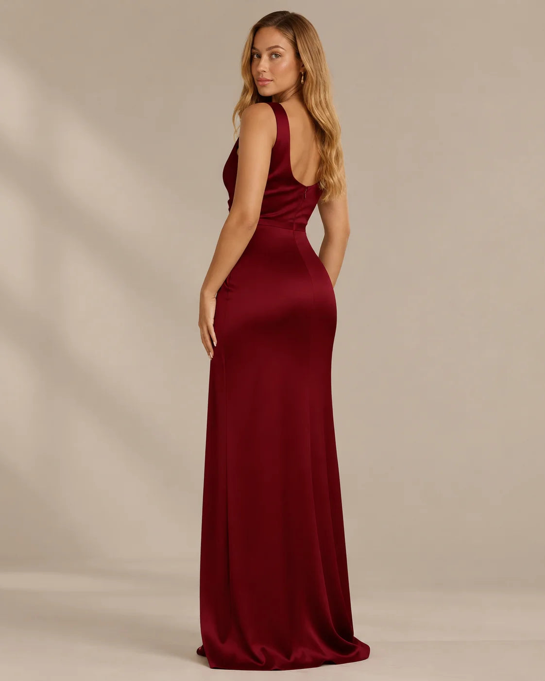 Satin Cowl Neck Ruched Maxi Dress – High Slit Evening Gown | Oyese