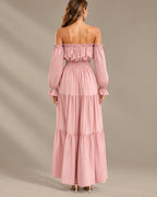 Boho Off-Shoulder Long Sleeve Tiered Maxi Dress with Side Slit | Oyese