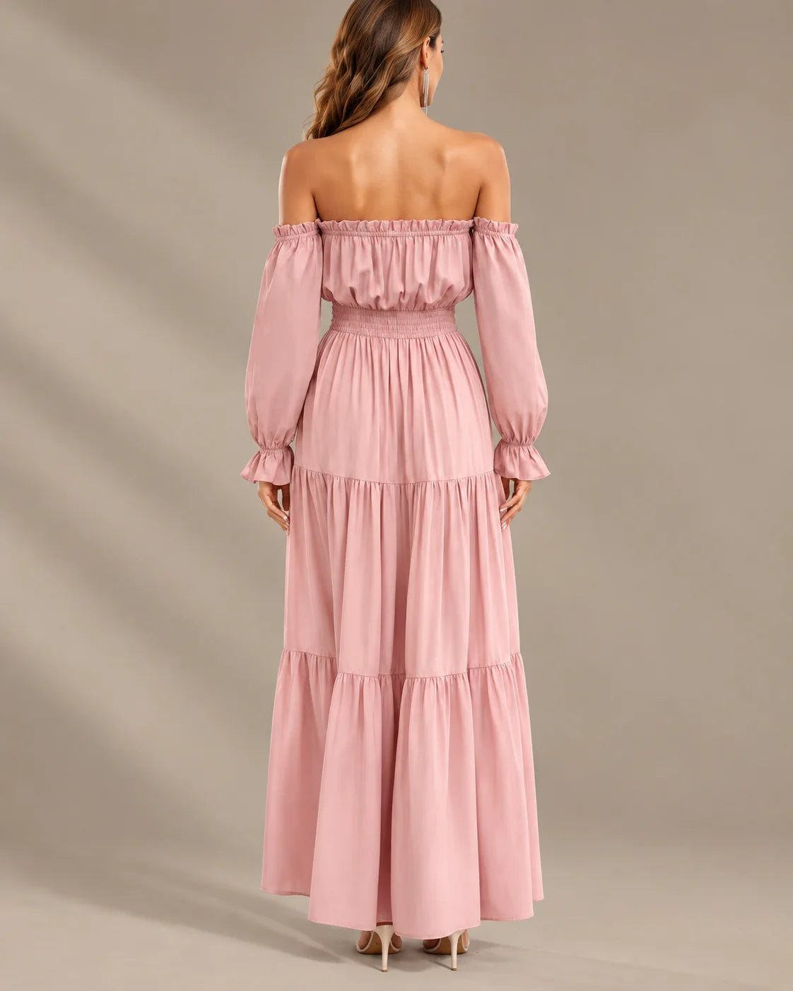 Boho Off-Shoulder Long Sleeve Tiered Maxi Dress with Side Slit | Oyese
